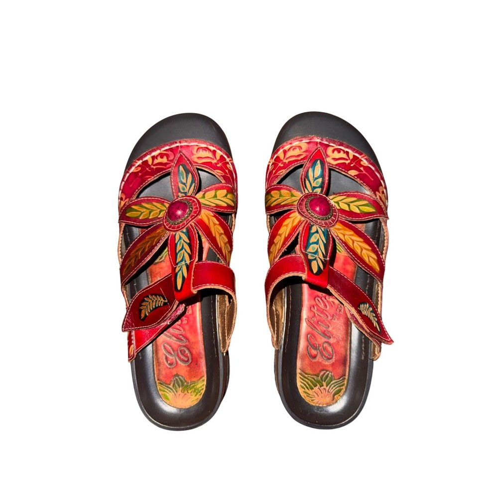 Elite by Corkys Coastal Red Leather Tooled Slide Sandals EU 38 Boho Art To Wear